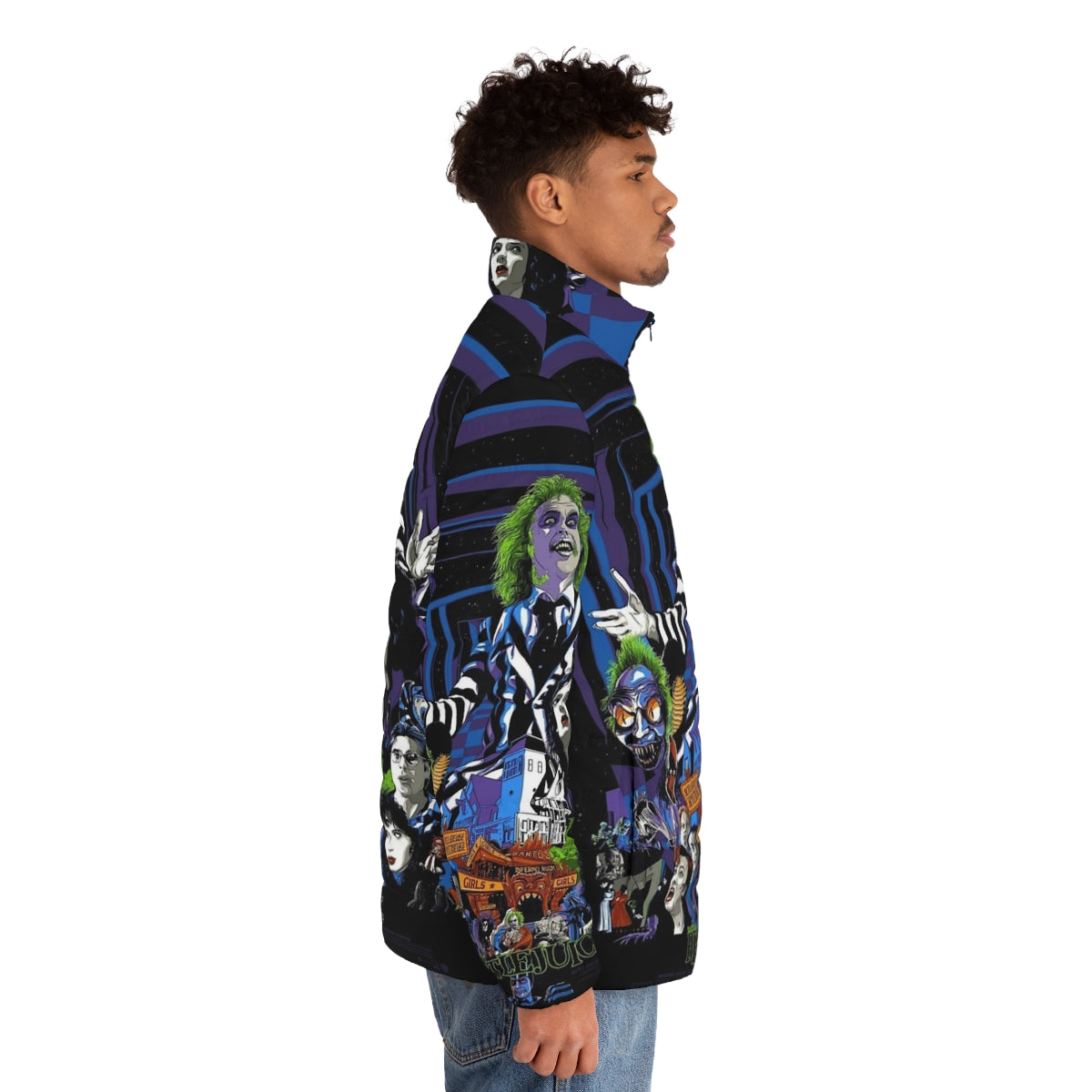 Beetlejuice-inspired puffer jacket with stripes and gothic style - men side right