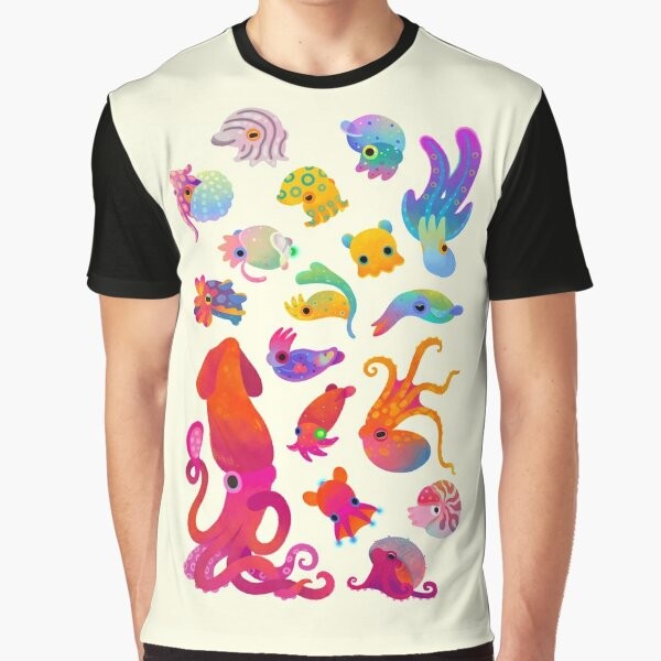 Cephalopod marine life graphic t-shirt featuring various sea creatures like squid, octopus, and cuttlefish