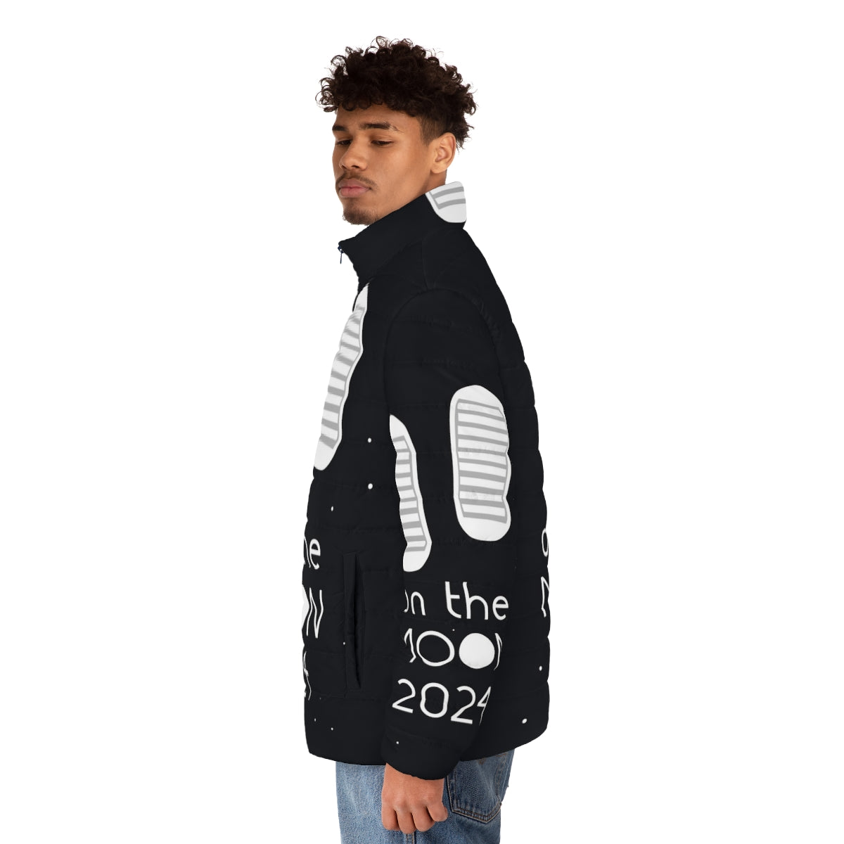 Stylish space force puffer jacket with "Boots on the Moon 2024" design - men side left