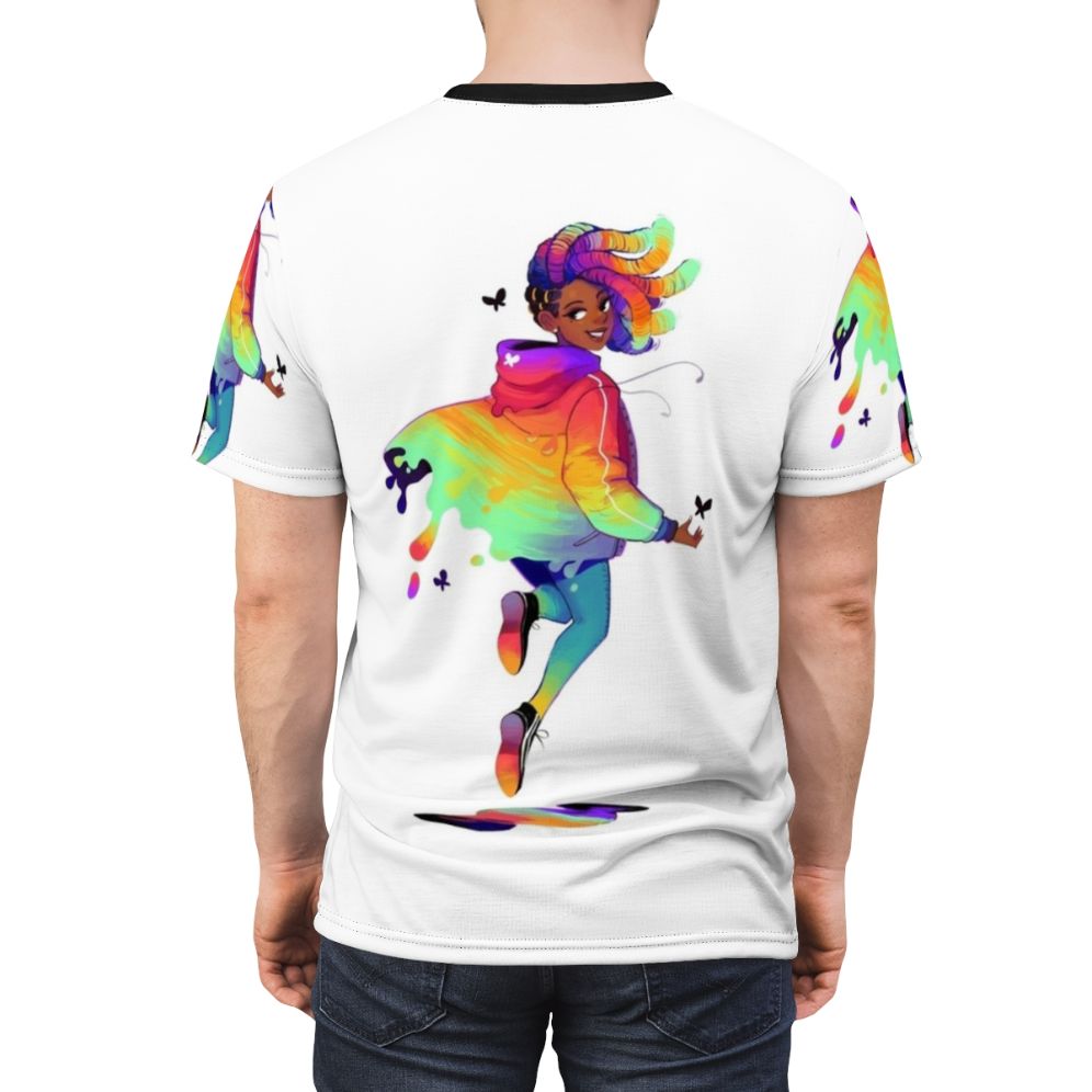 Model wearing a black t-shirt with a colorful raincoat graphic design - men back