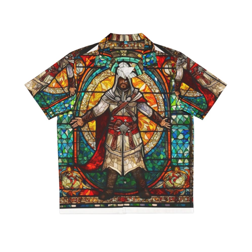 Assassin's Creed inspired Hawaiian shirt with stained glass and mosaic design