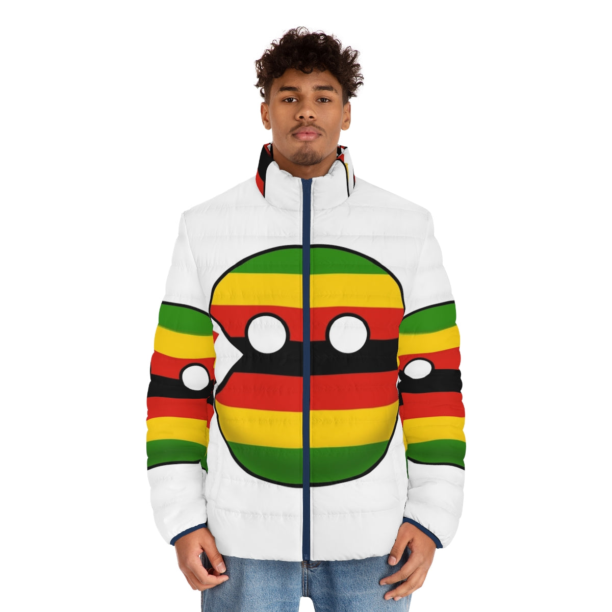 Zimbabwe Countryball Puffer Jacket featuring the national flag and cultural elements - men front