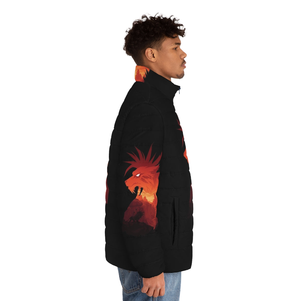 A black puffer jacket with Final Fantasy-inspired design elements - men side right