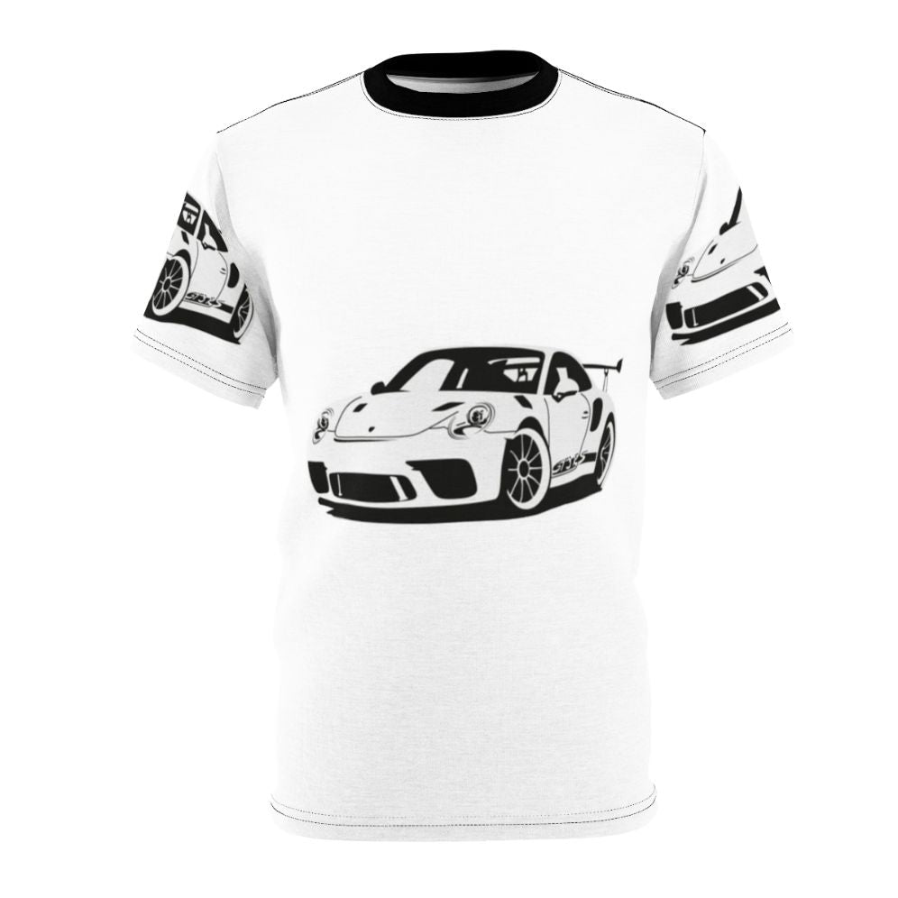 All-over print t-shirt featuring a striking Porsche-inspired sports car graphic