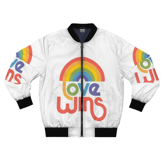 LGBTQ pride-themed bomber jacket with rainbow colors and "Love Wins" text