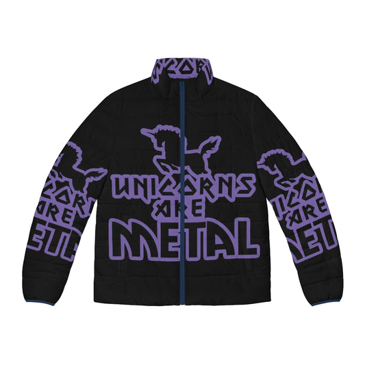 Unicorns Metal Puffer Jacket featuring a metallic purple design and heavy metal-inspired graphics