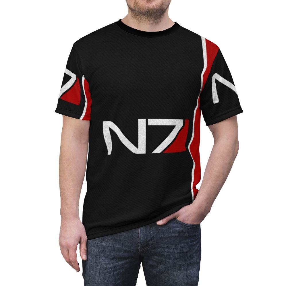 Mass Effect inspired t-shirt with N7 logo and futuristic design - men front