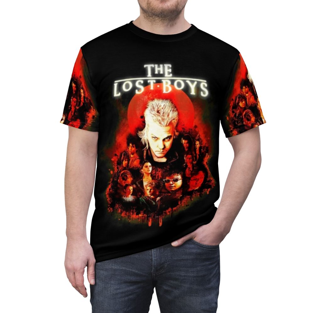 Retro Lost Boys horror movie-inspired t-shirt featuring vampire, frog brothers, and Santa Carla design - men front