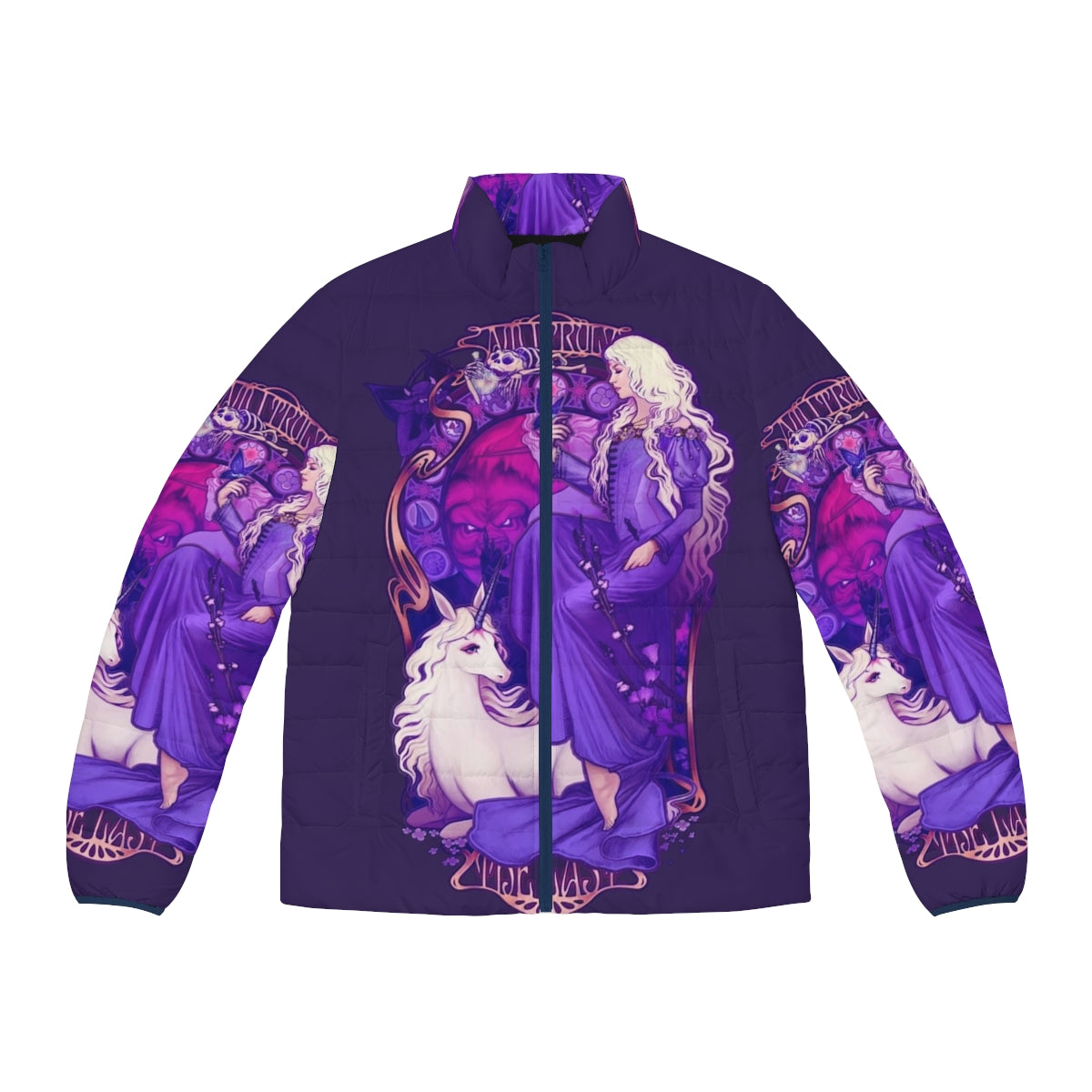 A puffer jacket with a retro, art nouveau-inspired unicorn design