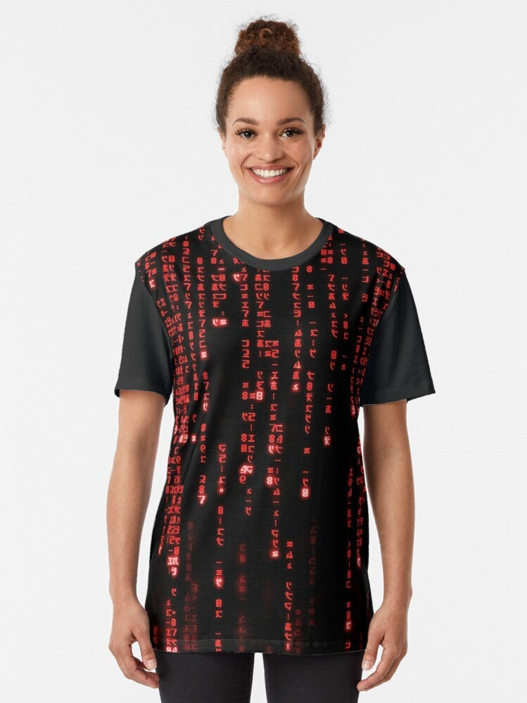 Red Matrix Code Graphic T-Shirt featuring binary digits and computer programming elements - Women