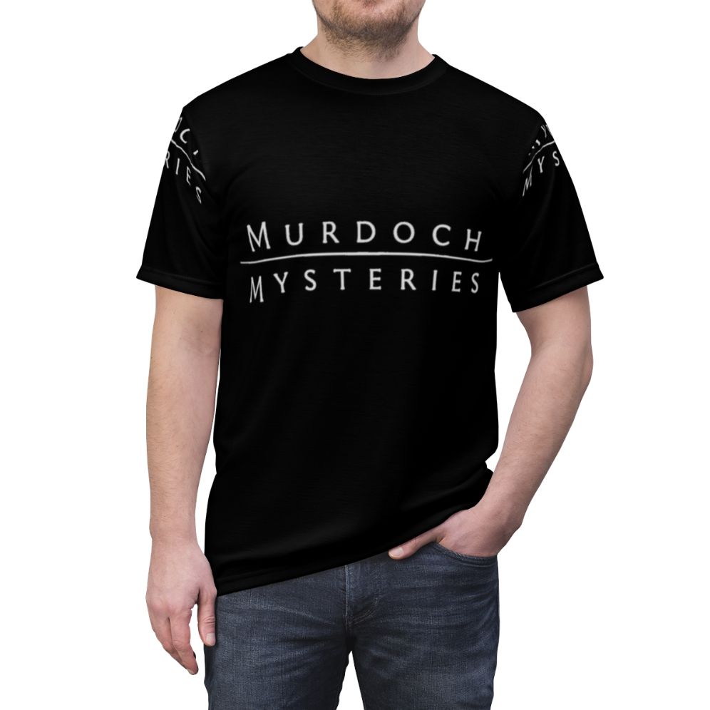 Murdoch Mysteries inspired t-shirt featuring the show's logo and cast of characters - men front