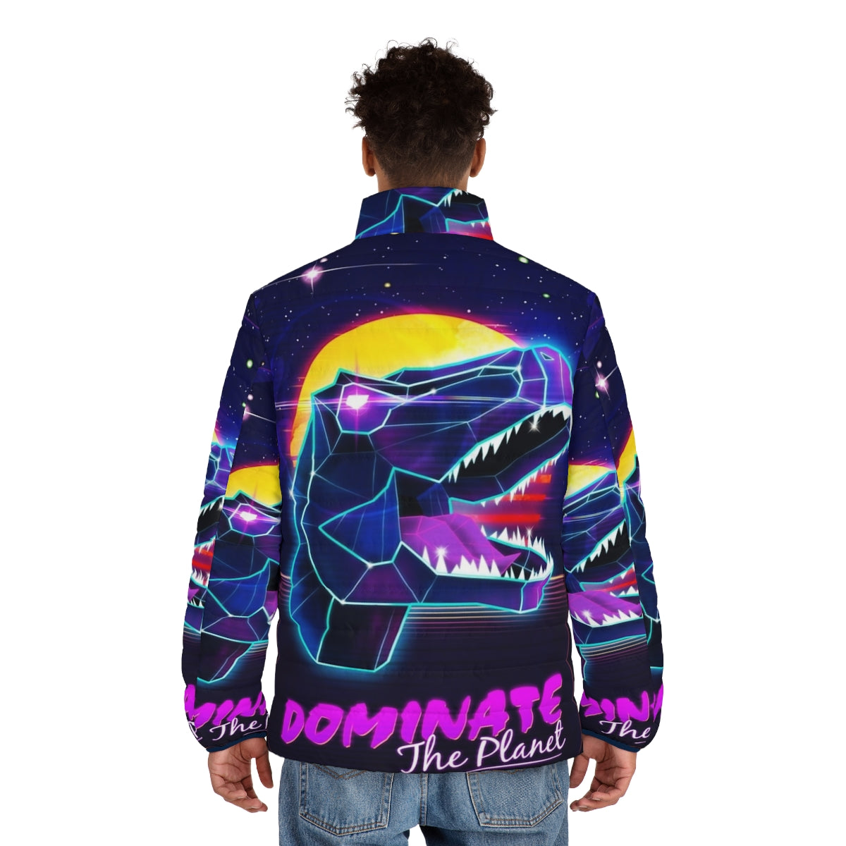 Electric Jurassic Rex Puffer Jacket with Retro Cyberpunk Aesthetic - men back