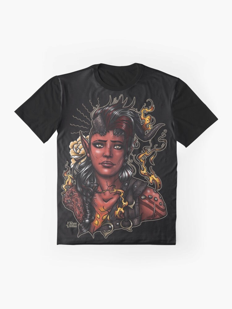 Karlach Demon Graphic T-Shirt featuring a rose demon character from Baldurs Gate 3 video game - Flat lay