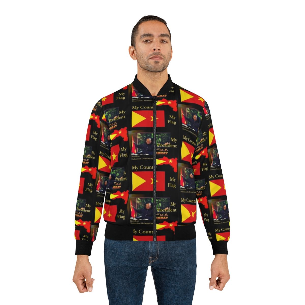 Tigray Pride Bomber Jacket featuring the Tigray flag and portrait of Debretsion Gebremichael - Lifestyle