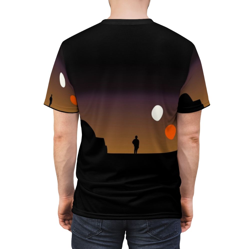 Double sunset graphic on a navy blue t-shirt, inspired by sci-fi movies - men back