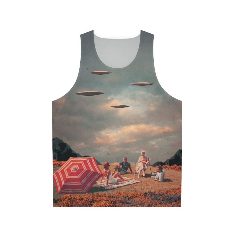 Unisex retro sci-fi tank top with surreal landscape design