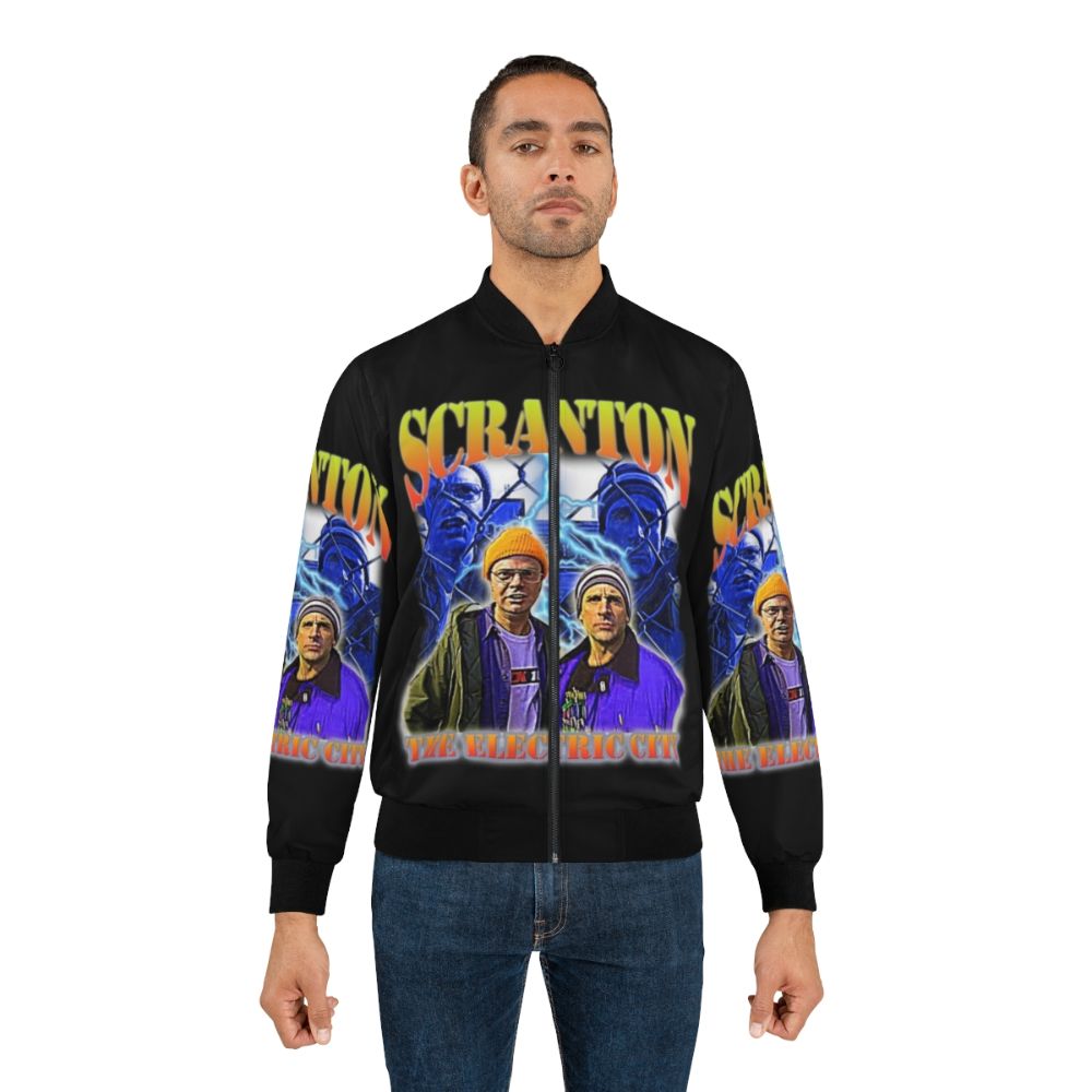 Vintage-inspired bomber jacket with "The Electric City" and "Scranton" graphics, inspired by The Office TV show. - Lifestyle