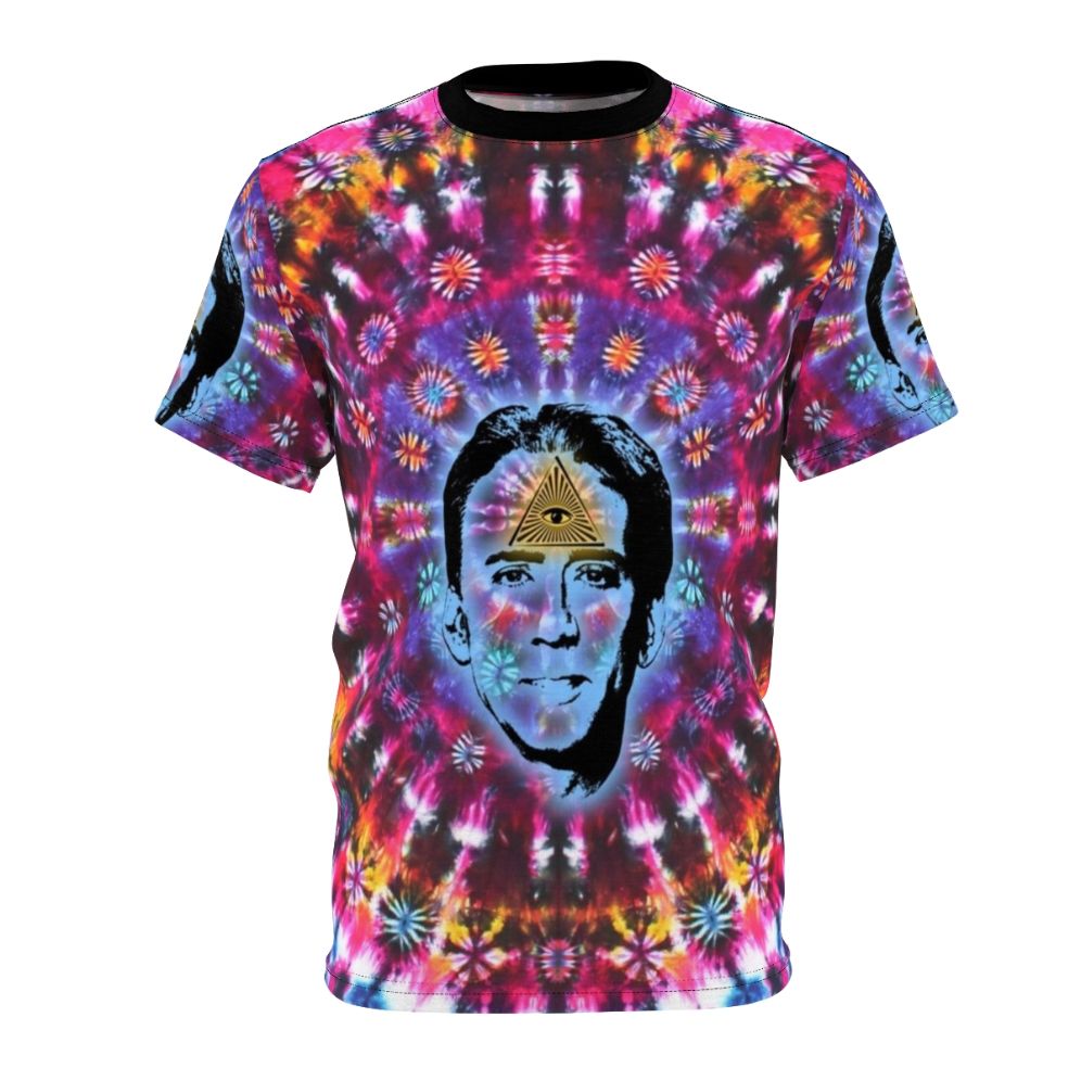 Tie dye t-shirt featuring a graphic design of Nicolas Cage's face