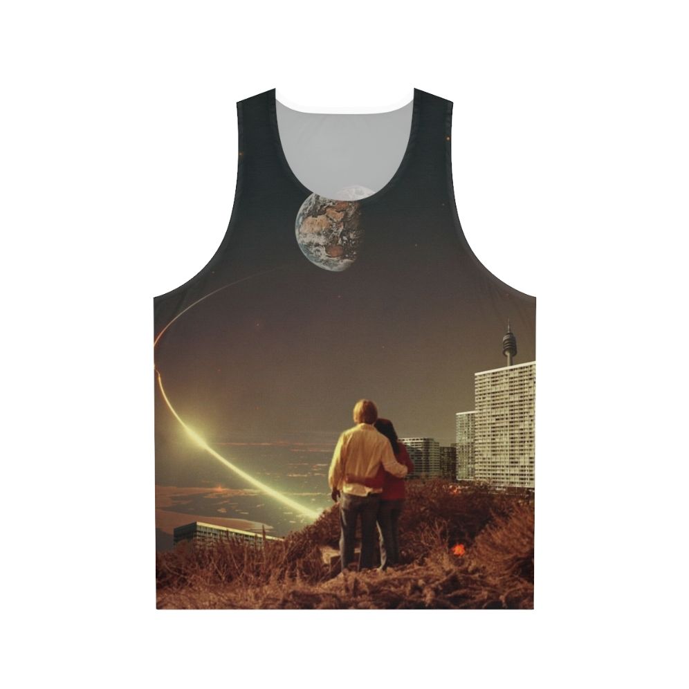 Surreal unisex tank top featuring a couple in a retro-futuristic urban landscape