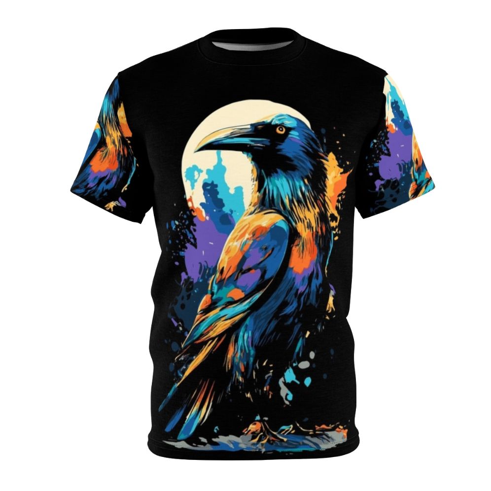 Colorful graphic t-shirt featuring a design of crows and ravens against a dark, moody background.