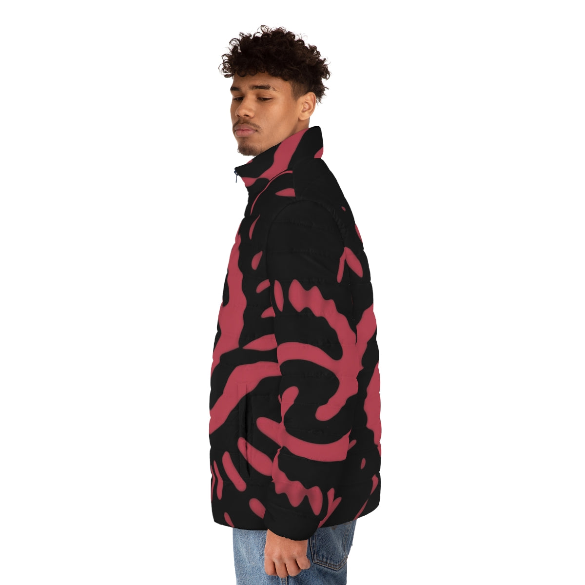 1970 pink puffer jacket with abstract time vortex pattern - men side left