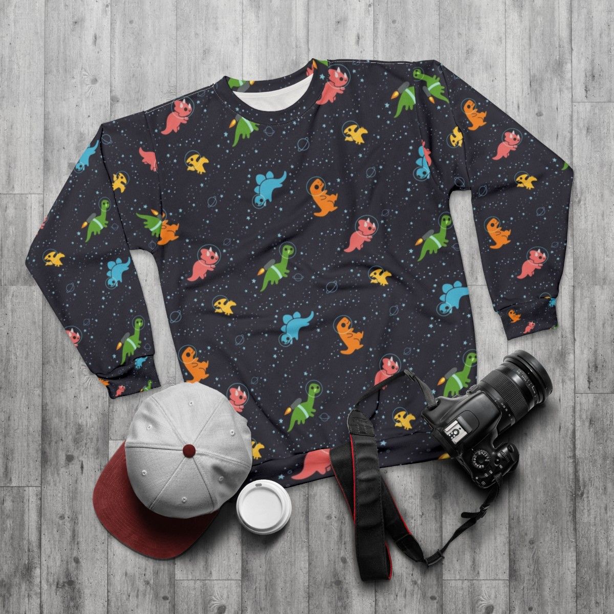 Galaxy Space Dinosaur Sweatshirt - flat lay