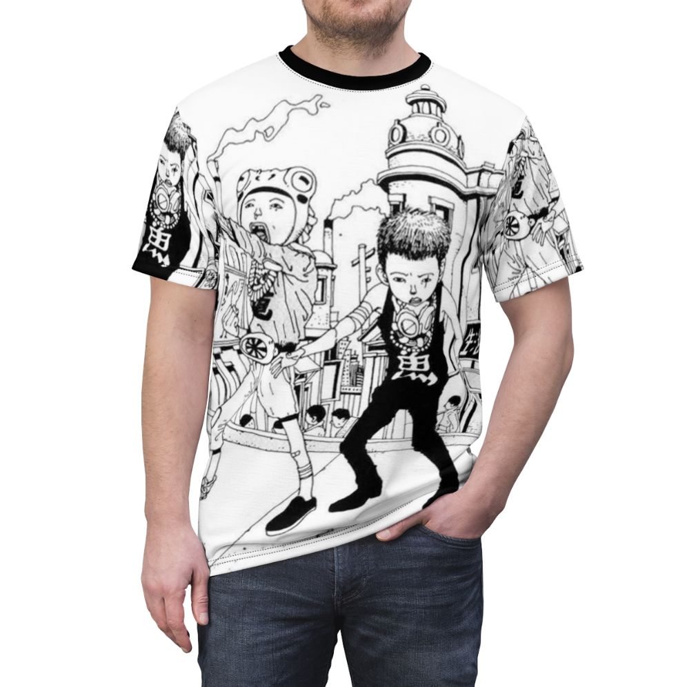 Tekkonkinkreet inspired graphic t-shirt featuring a cat, rat, dog, and the city - men front