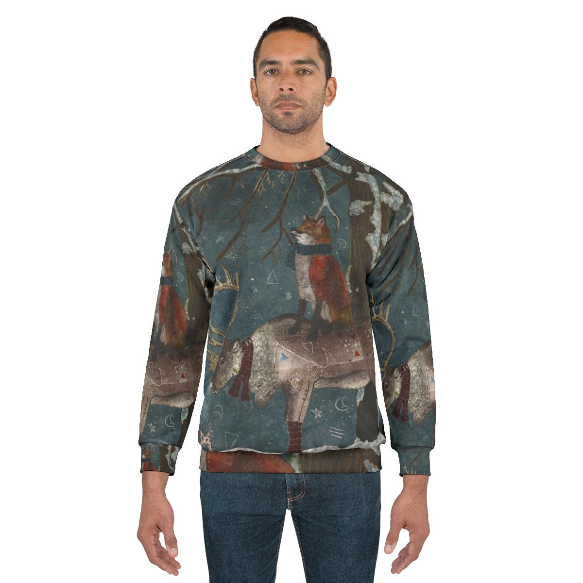 Cozy winter tale sweatshirt featuring a magical fairytale design with snow, trees, and woodland animals - men