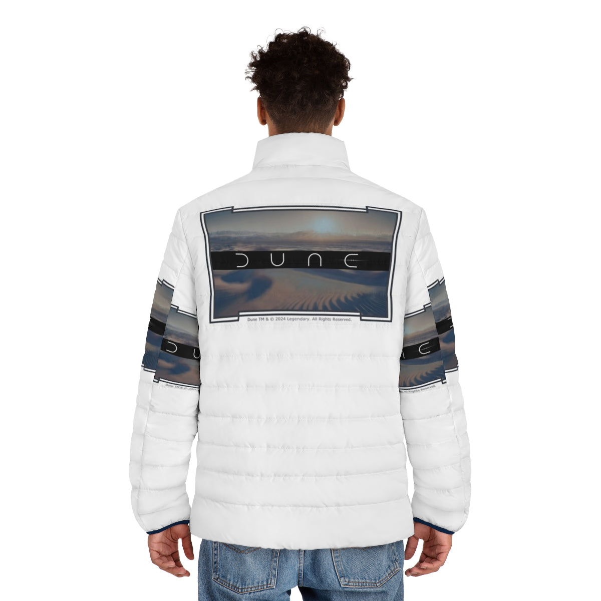 Dune-inspired puffer jacket with a white background - men back