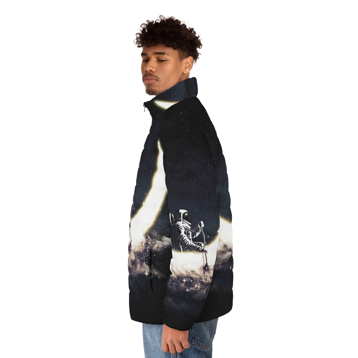 Stylish puffer jacket with a moon sailing and space-themed design - men side left