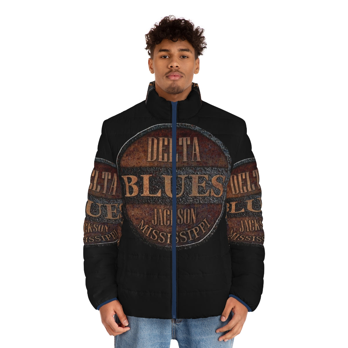 Rusty Delta Blues Puffer Jacket - American-Made Puffer Jacket with Vintage Blues and Americana Inspired Design - men front