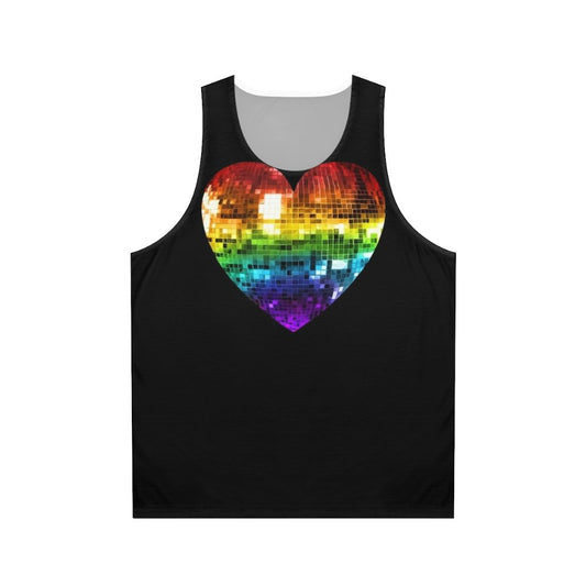 Unisex tank top with a rainbow disco ball heart design