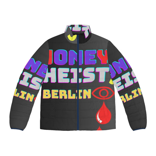 A puffer jacket with a "Risk of Money" graphic, inspired by the Netflix series Money Heist