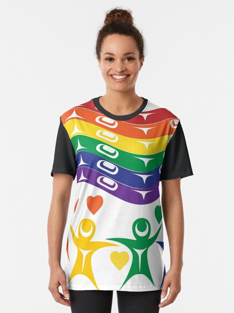 Colorful rainbow graphic t-shirt with the text "Pride Month" on a white background. - Women