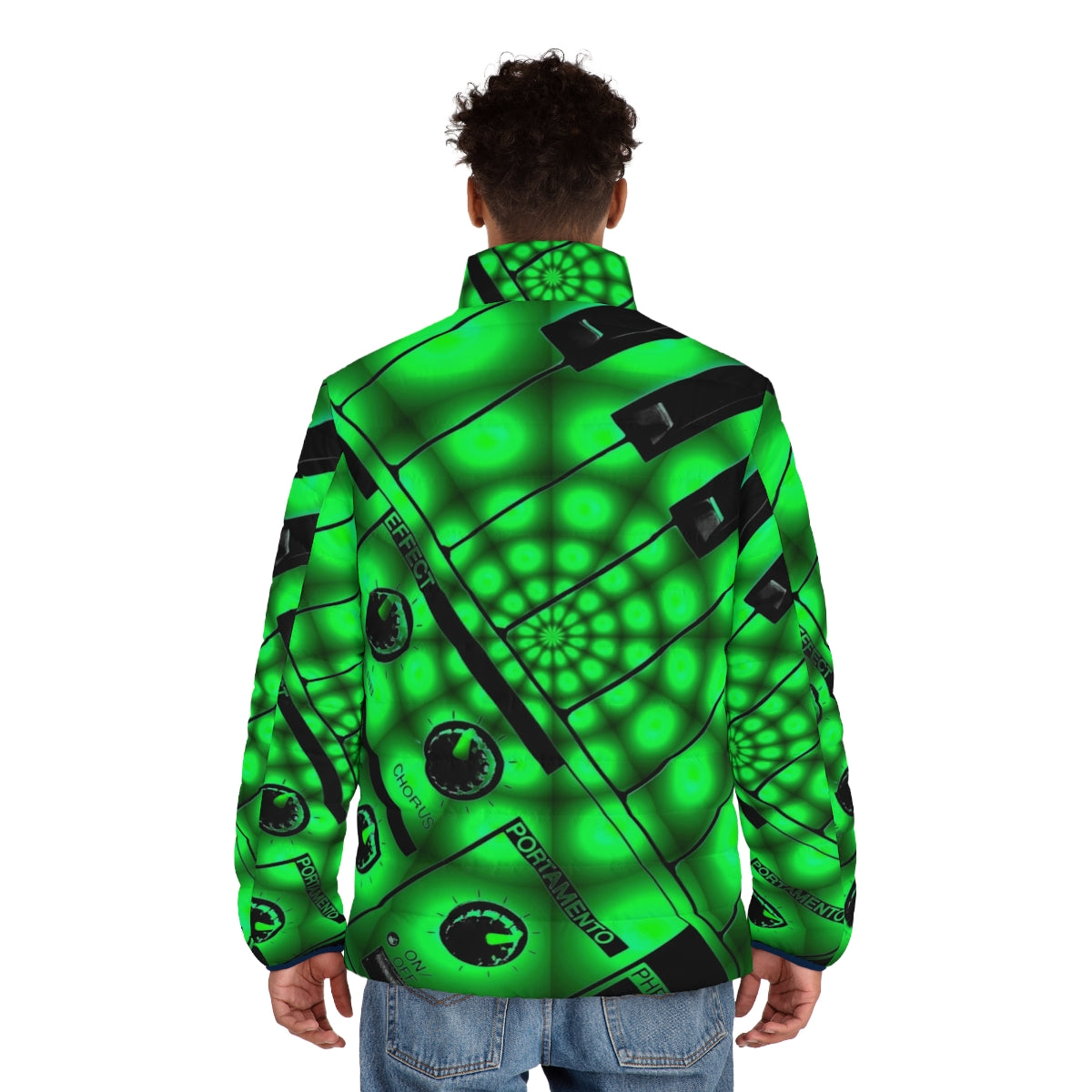 Puffer jacket with printed synthesizer keys and filters design - men back