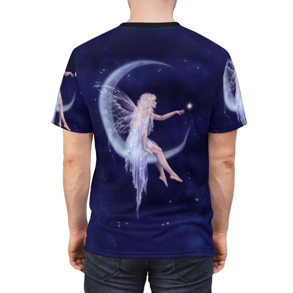 Whimsical fairy figure floating in a starry night sky featuring a crescent moon - men back