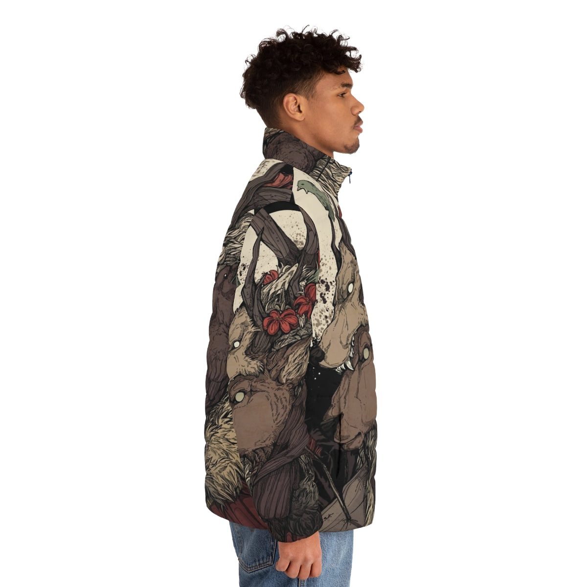 An image of a person wearing a puffer jacket with an elk design. - men side right