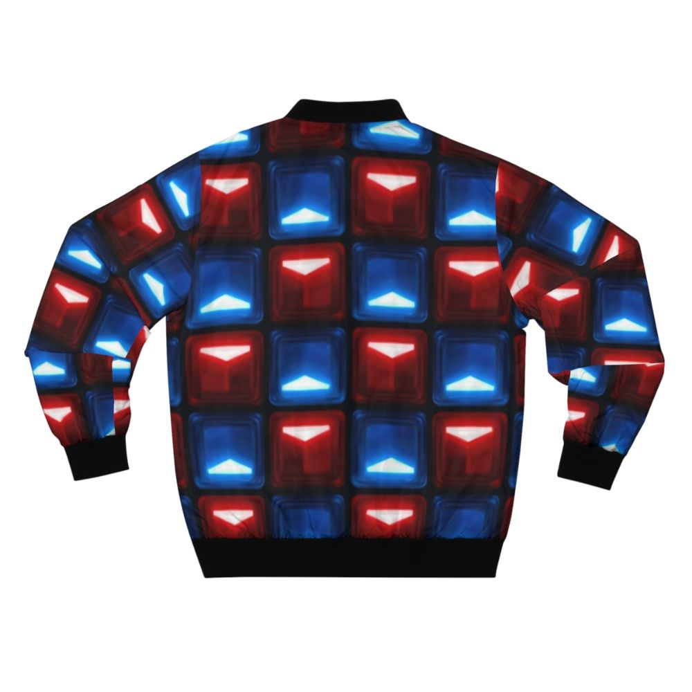 Beat Saber Bomber Jacket featuring a custom V2 block pattern design for fans of the popular virtual reality rhythm game. - Back