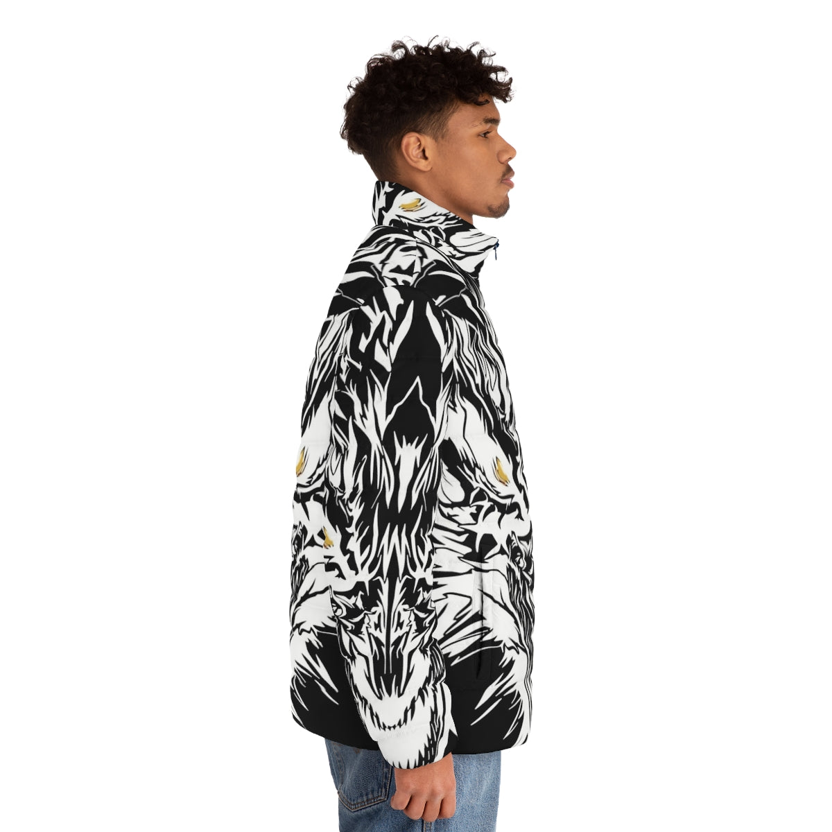 White dragon with yellow eyes tattoo design on cozy puffer jacket - men side right