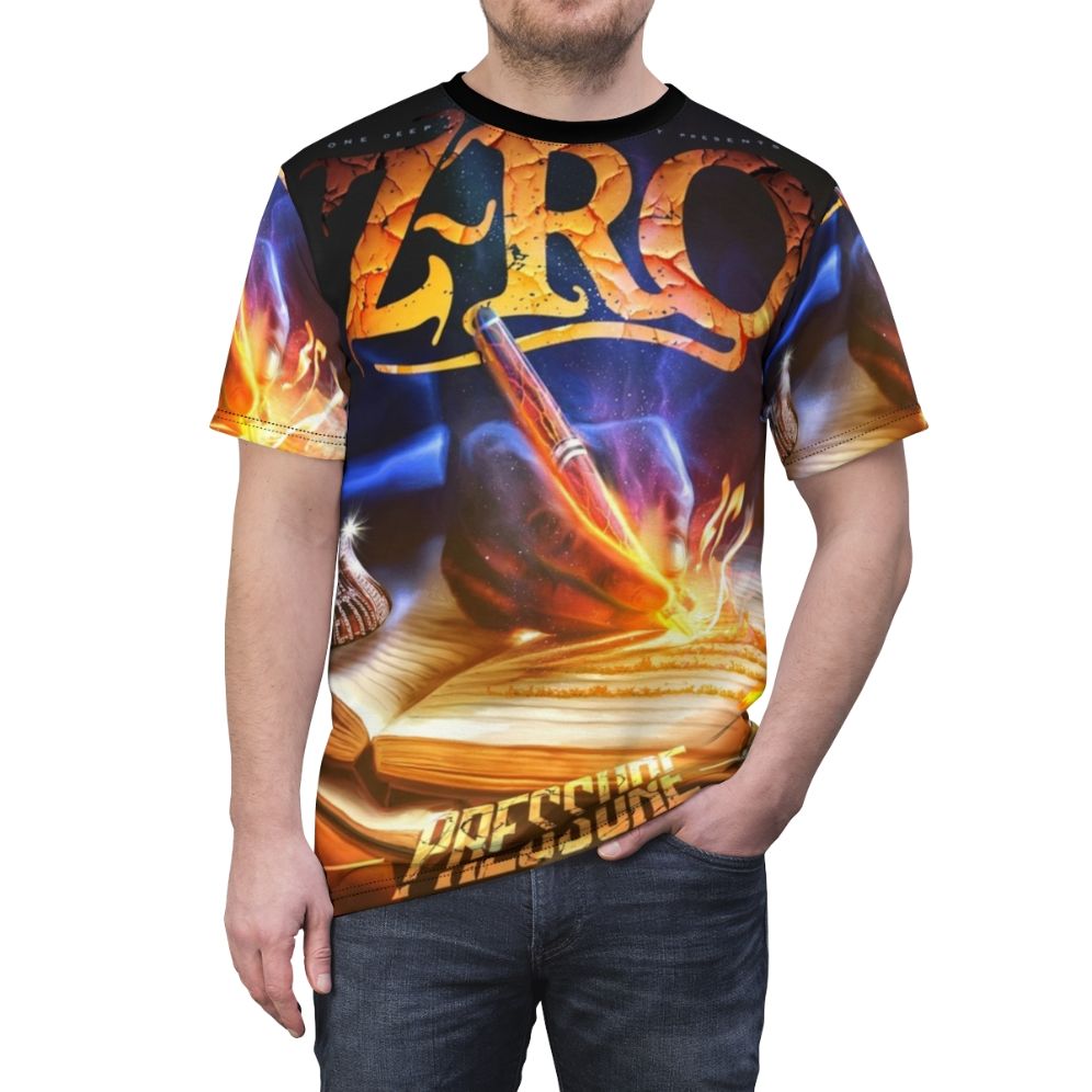 A t-shirt featuring an artistic portrait of hip hop artist Zro - men front