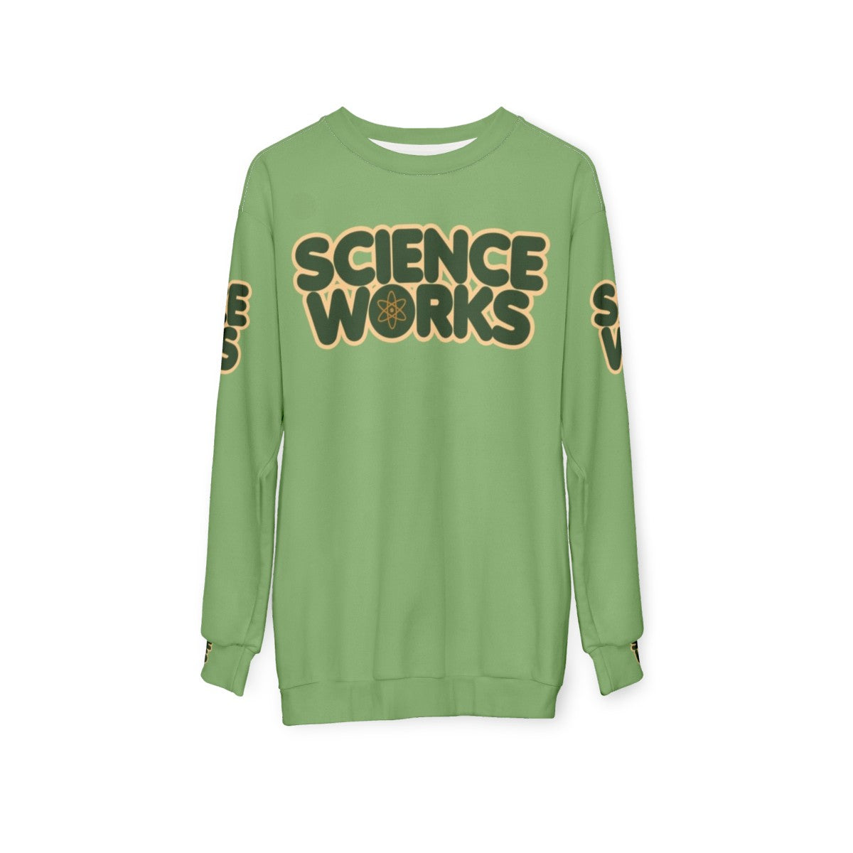 Science Works Sweatshirt, featuring a design for science enthusiasts and climate change awareness - hanging