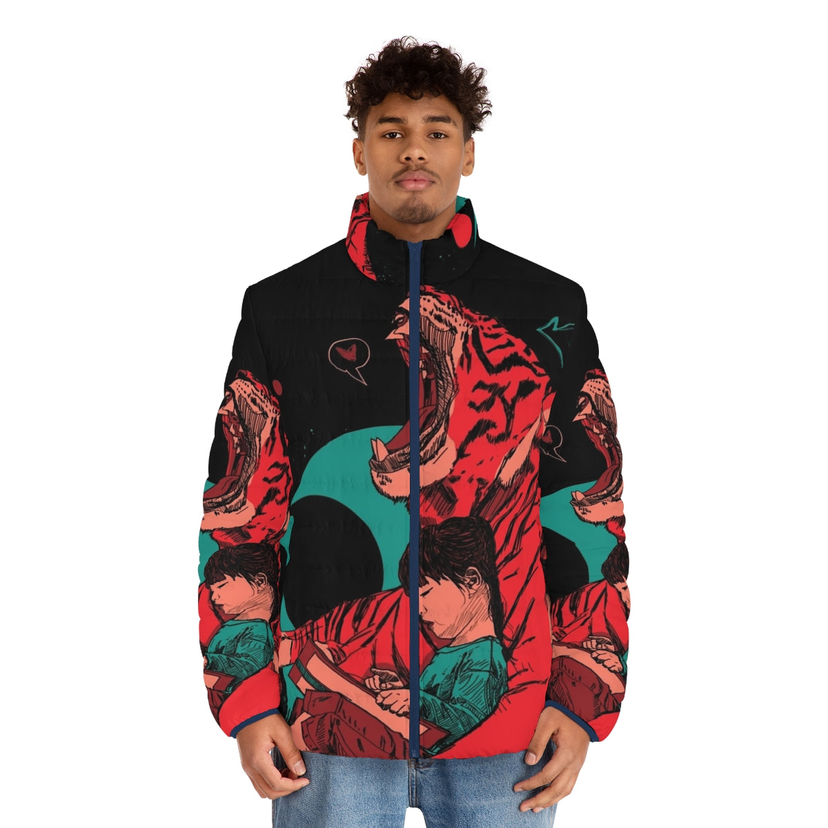 Puffer jacket with tiger and girl graphic in a storybook-inspired fantasy design - men front