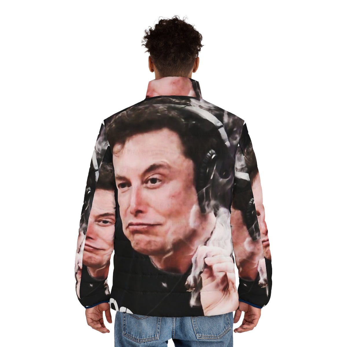 Elon Musk wearing a puffer jacket and smoking weed - men back