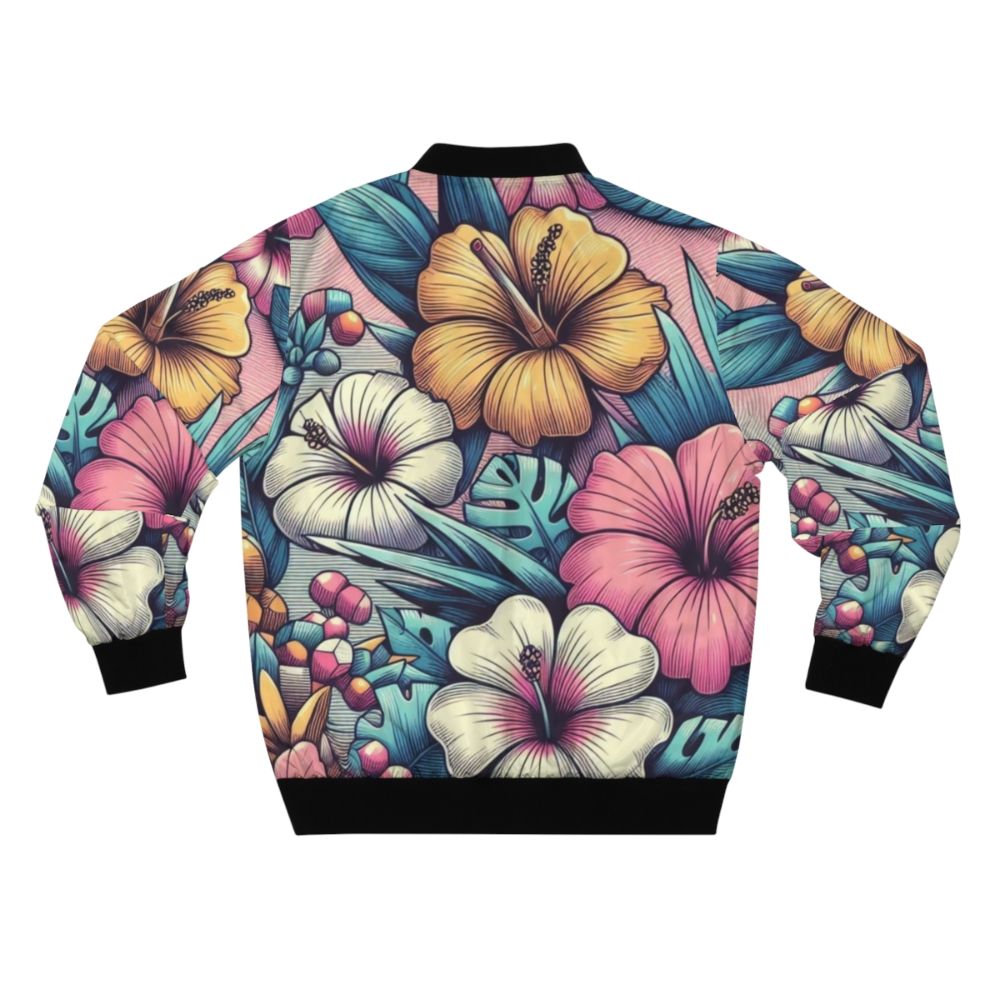 Retro bomber jacket with a vibrant Hawaiian floral hibiscus pattern design - Back