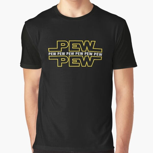 Star Wars-inspired graphic tee featuring the text "Pew Pew Pew" and various sci-fi elements.