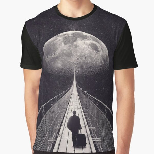 Astronaut floating among stars and moon in a surreal, cosmic graphic t-shirt design.