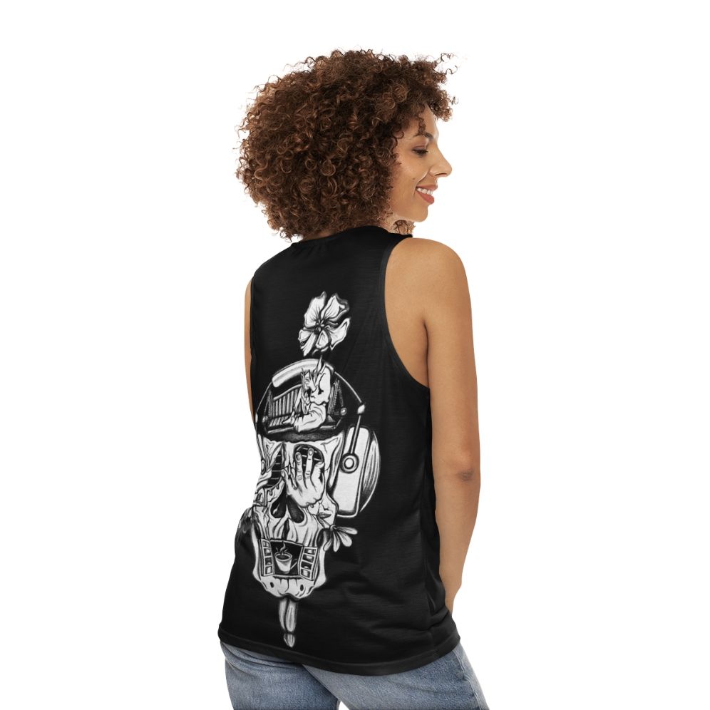 Unisex tank top featuring surrealist "Music of the Mind" design - women back