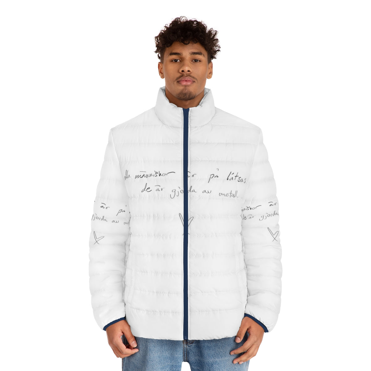 Young Royals-inspired puffer jacket featuring the quote "All The People Are Fake" - men front