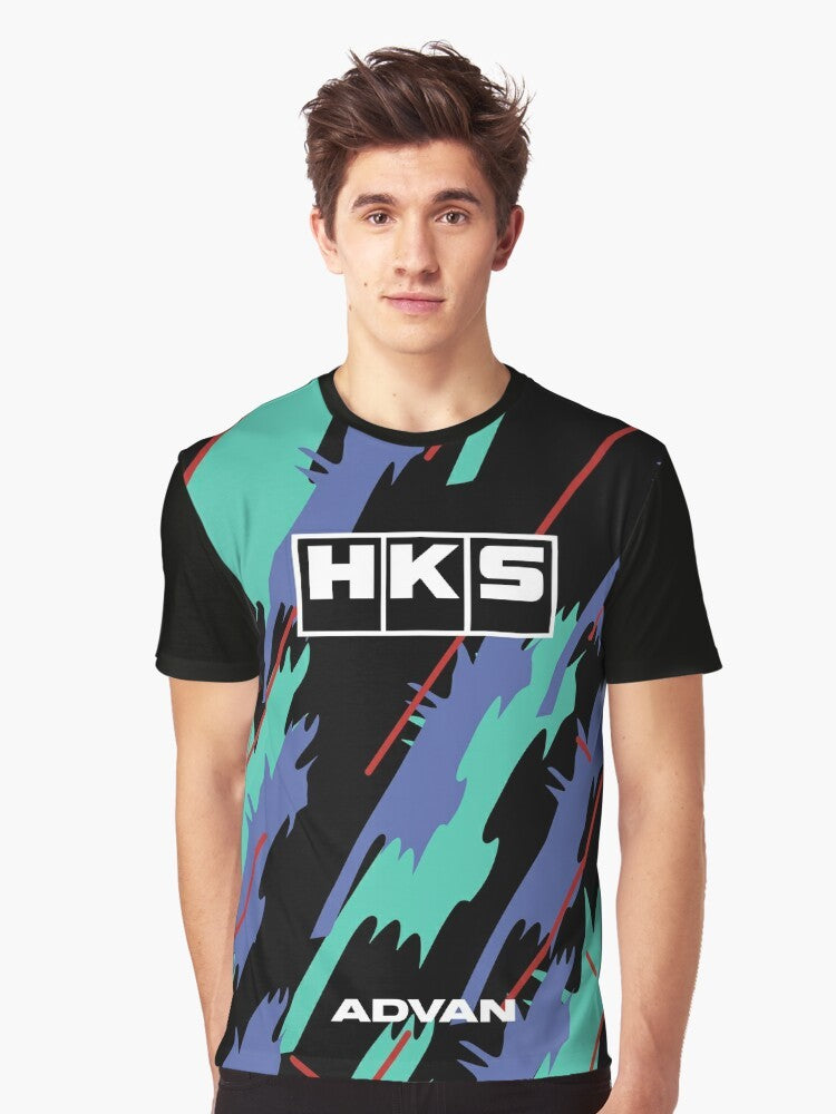 Retro HKS Oil Livery Graphic T-Shirt featuring classic JDM automotive designs - Men