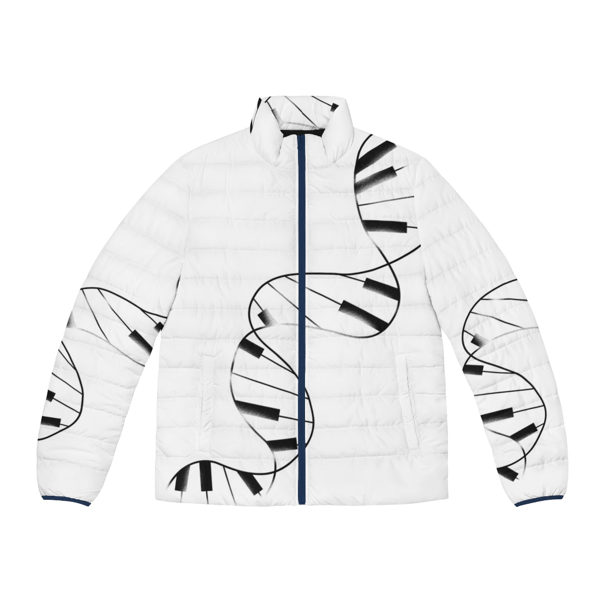 DNA Piano Puffer Jacket with musical notes and genetic pattern